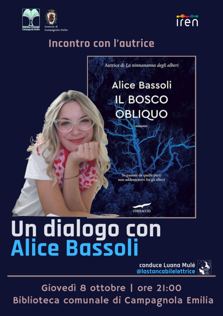 Locandina dell'incontro con l'autrice Alice Bassoli, giovedì 10 ottobre 2026 alle 21 presso la Biblioteca di Campagnola Emilia