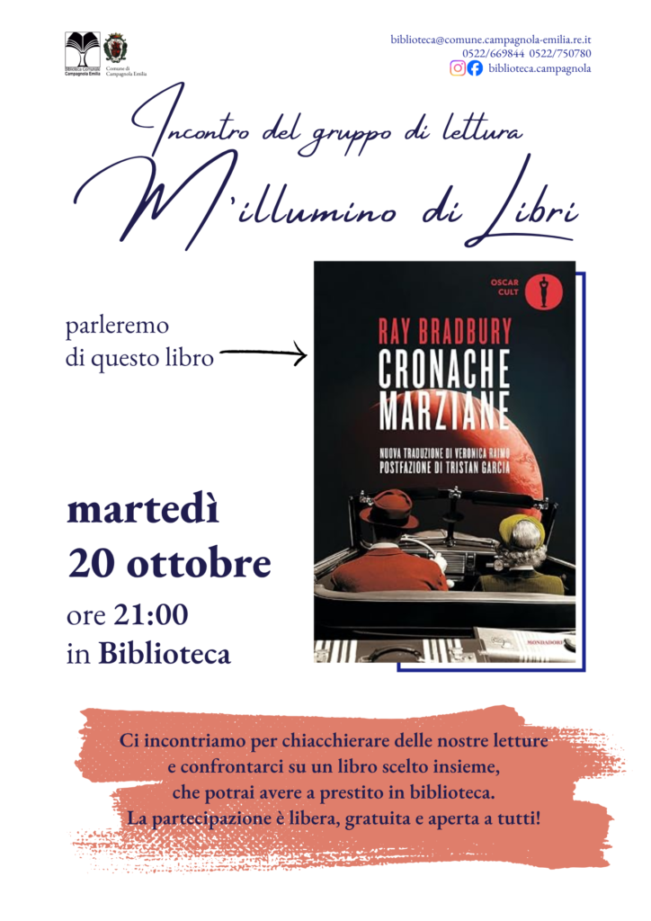 Locandina incontro del gruppo di lettura, 20 ottobre 2026 ore 21, biblioteca di Campagnola Emilia