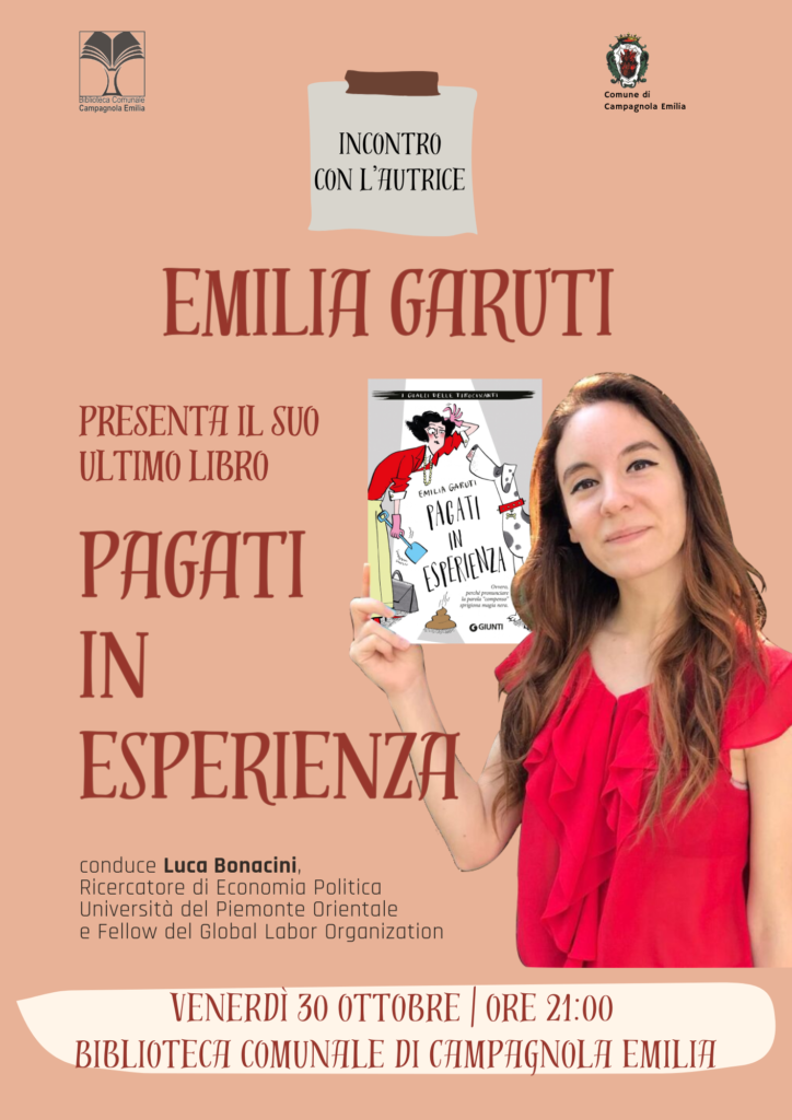Locandina della presentazione del libro Pagati in esperienza, di Emilia Garuti, venerdì 30 ottobre 2026 alle 21 presso la biblioteca di Campagnola Emilia